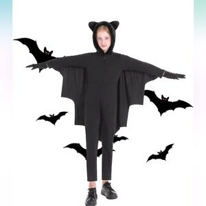 Kids Bat Costume Halloween w/Flowing Black Wings and a Hood w/Furry Ears 8/10 Yr